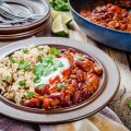 Homemade chili with beans and wild rice