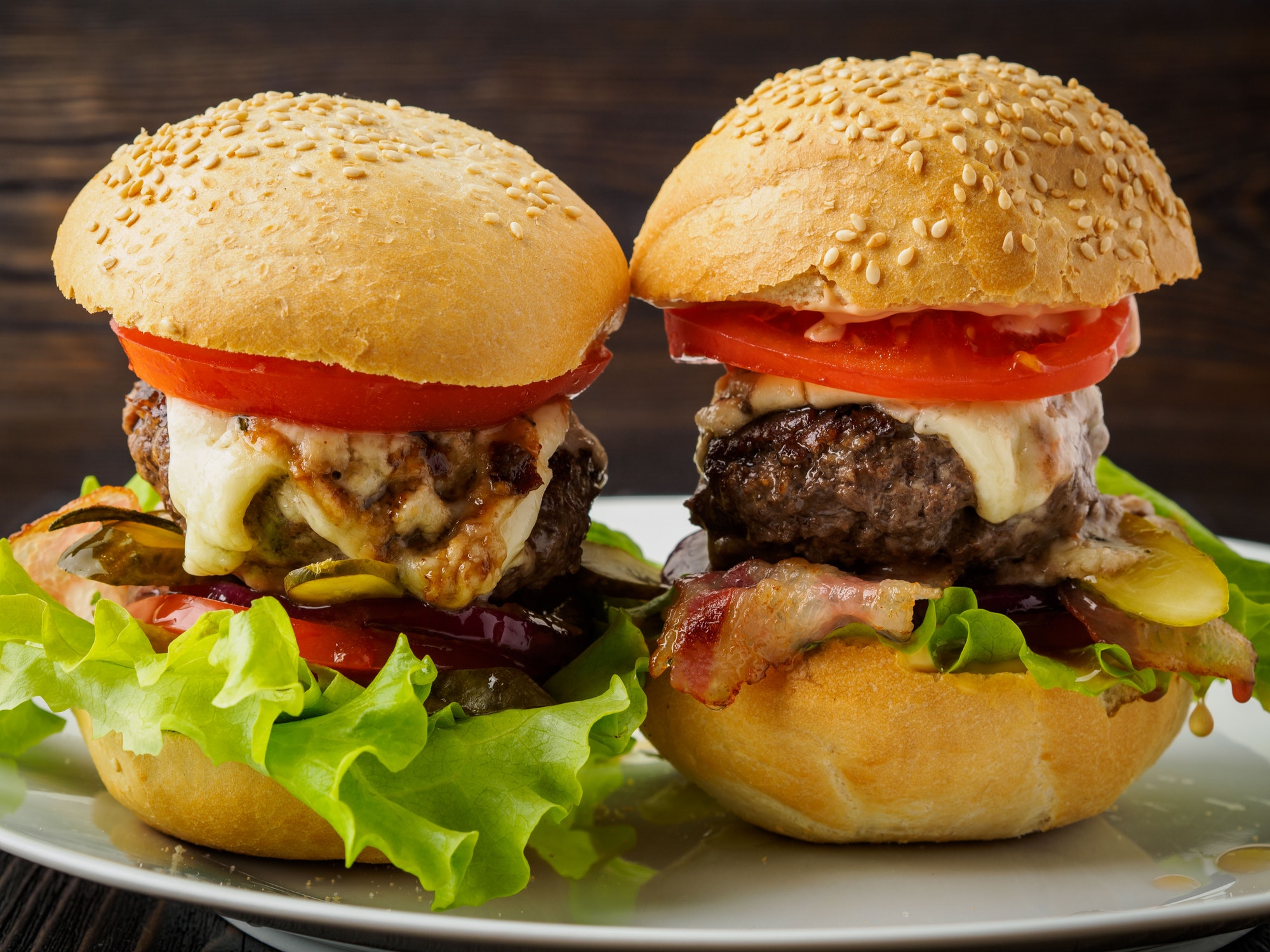 Two delicious homemade hamburgers with beef cutlet